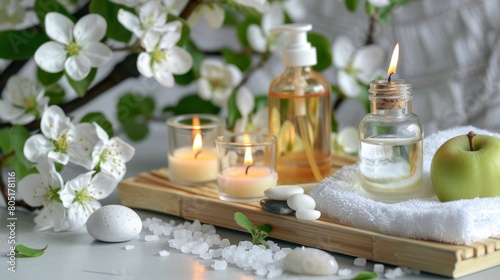 Spa products  aromatherapy  atmosphere of relax. Candles and spa essentials on bamboo tray in bathroom  essential oil  bath salt  towel  sea stone  spring apple tree blooming flowers