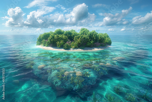 A vibrant coral atoll surrounded by turquoise waters, with sandy beaches and abundant marine life, representing the beauty of tropical islands. Concept of island ecosystems. Generative Ai. photo