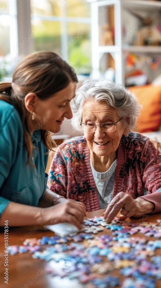 Compassionate Care in a Memory Facility: Nurse Assisting Elderly Woman with Puzzle for Brain Health Awareness