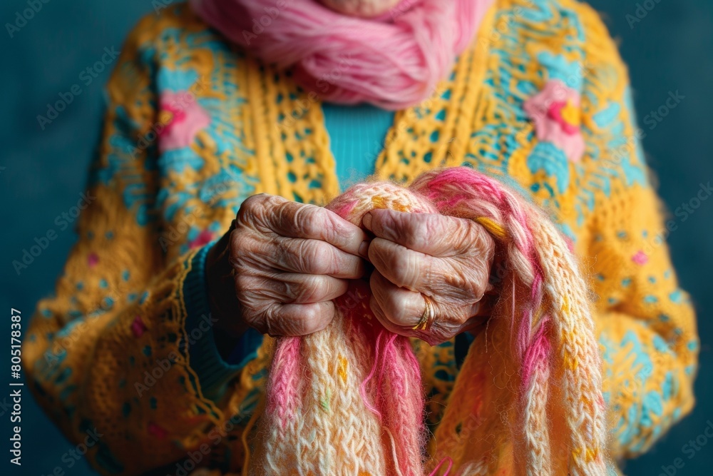 Elderly Woman with Alzheimer's Engages in Knitting for Brain Health Awareness Elderly Woman with Alzheimer's Engages in Knitting for Brain Health Awareness