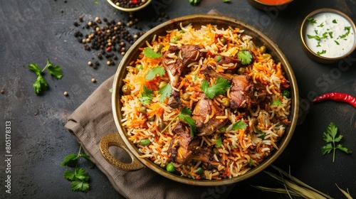 Mutton Biryani served in aGolden dish isolated on dark background side view indian food