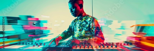 Innovative African-American Hip-Hop Producer Crafting Beats with AI in a Vibrant Digital Studio photo