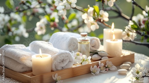 Spa products  aromatherapy  atmosphere of relax. Candles and spa essentials on bamboo tray in bathroom  essential oil  bath salt  towel  sea stone  spring apple tree blooming flowers