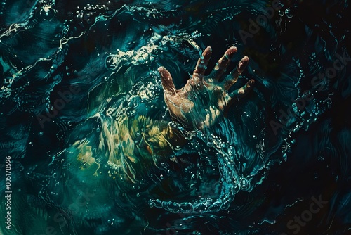 In this concept art painting, a hand emerges from the depths of a dark and murky body of water, clawing desperately at the surface.