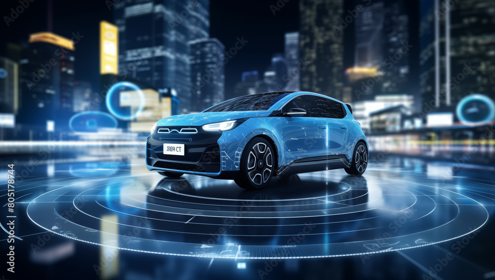 Frontside Futuristic AR car with glowing wire-frame neon light concept car of a futuristic vehicle Frontside Futuristic AR car with glowing wire-frame neon light concept car of a futuristic vehicle
