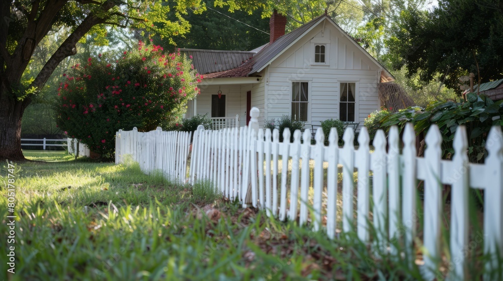A Classic White Picket Fence Frames a Quaint Country Cottage on a Sunny Day, Evoking a Sense of Cozy Elegance in the Idyllic Countryside