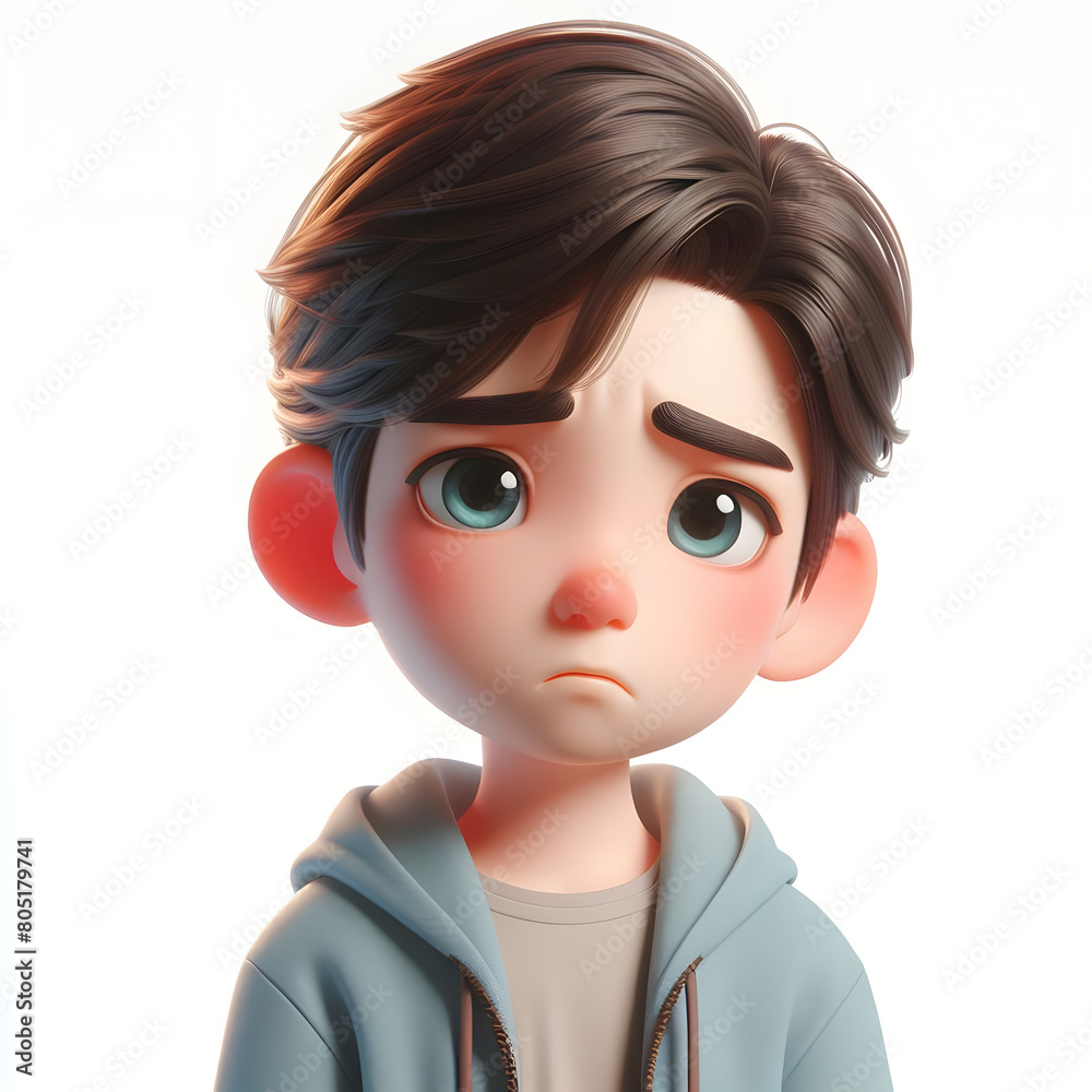 Asian cartoon character boy, young man portrait, male, Sad mood, feeling expression concept, Isolated on a white background Asian cartoon character boy, young man portrait, male, Sad mood, feeling expression concept, Isolated on a white background