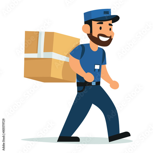 Delivery man walking carrying large cardboard box, happy courier delivering package, worker blue uniform cap. Professional male postal delivery service, transport logistics, shipment job. Cartoon