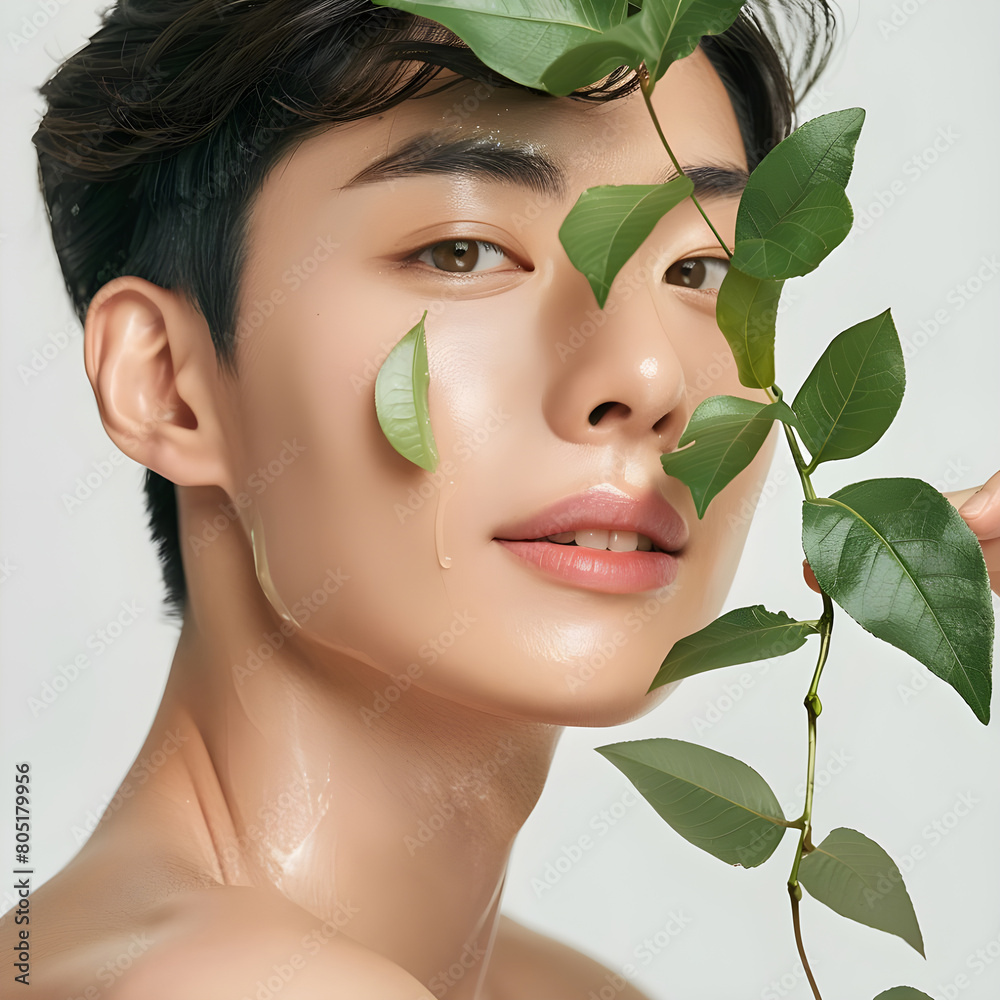 Skin care korean man with leaves, Organic product model, models simple photoshoot Skin care korean man with leaves, Organic product model, models simple photoshoot