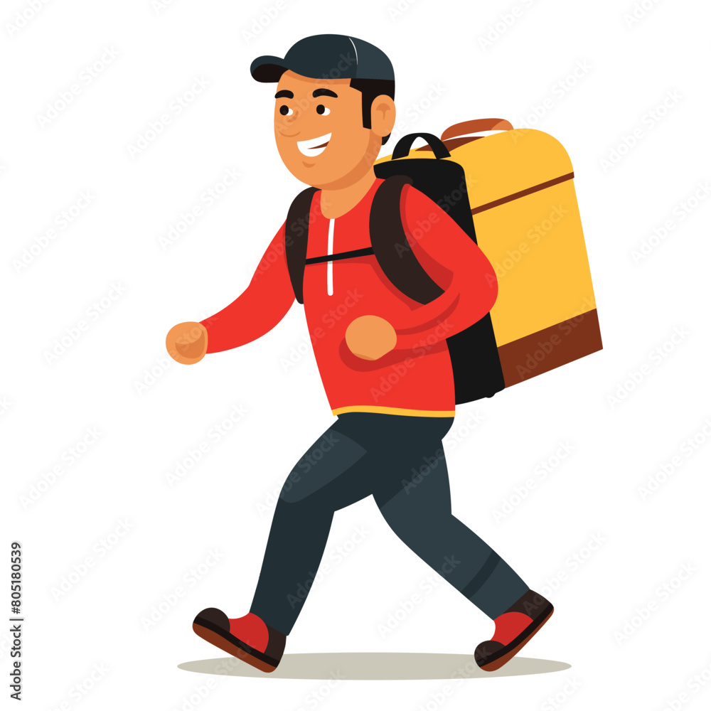 Happy male delivery person brisk walking delivering food package. Young man food courier service speedy delivery red hoodie. Smiling guy cap casual fast job large yellow backpack