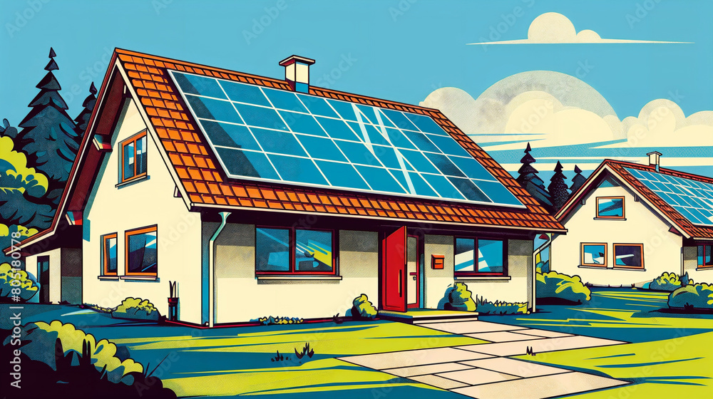 house with solar panels on roof, in style of sticker art house with solar panels on roof, in style of sticker art