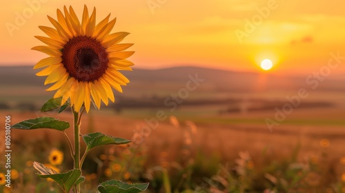   A sunflower stands in the middle of a field as the sun sets in the distance Hills rise behind