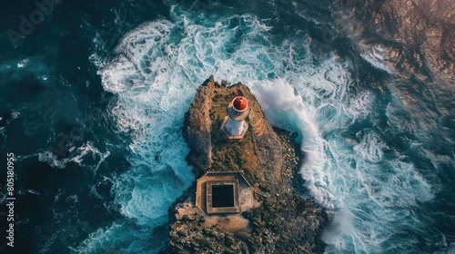 A breathtaking aerial view of a lighthouse standing on a rock surrounded by vast liquid water, showcasing the beauty of natural landscape and perfect for leisure and recreation AIG50 © Summit Art Creations