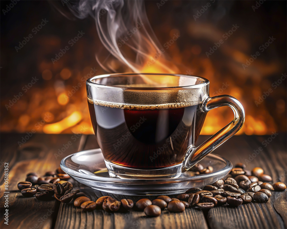 Cup of coffee with smoke and coffee beans on wooden background. Cup of coffee with smoke and coffee beans on wooden background.