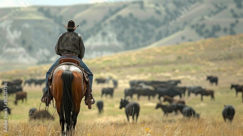 Outdoor rural scene of the view from behind of a cowboy wearing leather chaps sitting in the saddle on his horse that is watching the livestock herd, rear view photo