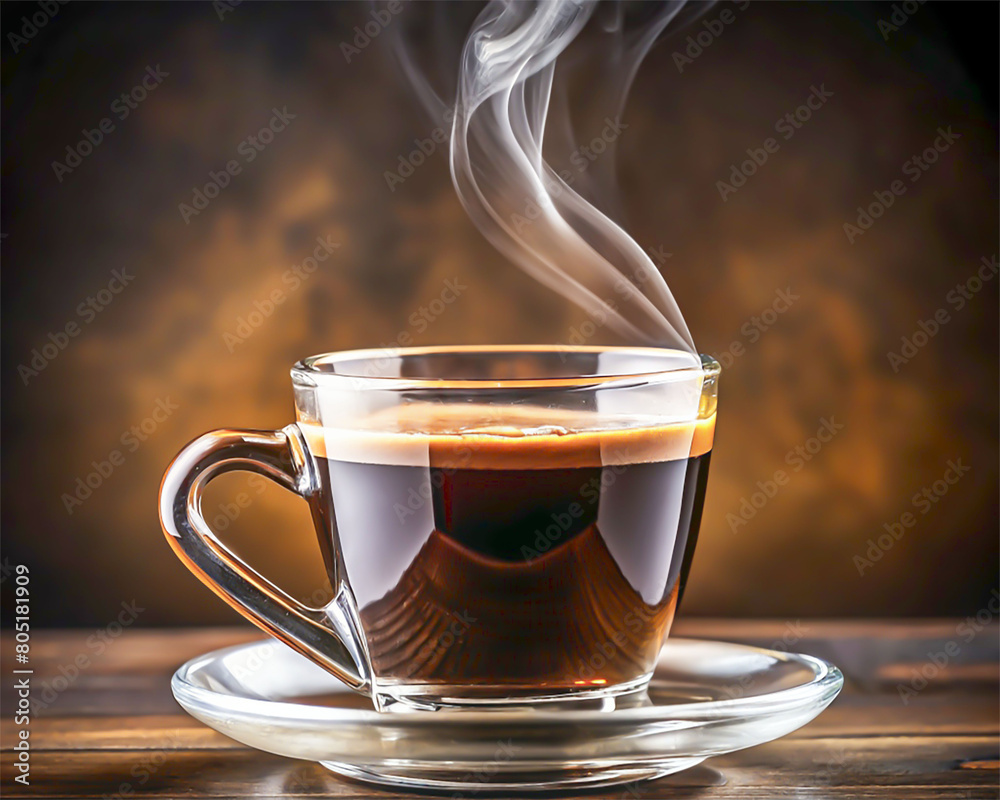 Cup of coffee with smoke and coffee beans on wooden background.