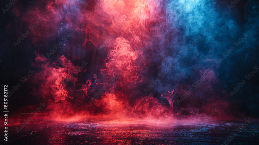 A deep red smoke abstract background fills the stage under a bright blue spotlight, creating a vivid contrast on a dark, empty stage.