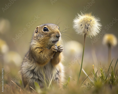 European ground squirrel (Spermophilus citellus) with dandelion photo
