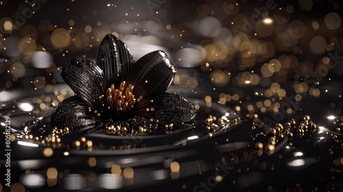   A black flower  tightly framed  against a black surface Background softly gleams with golden flecks