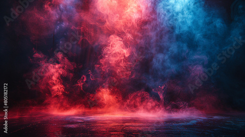 A deep red smoke abstract background fills the stage under a bright blue spotlight, creating a vivid contrast on a dark, empty stage.