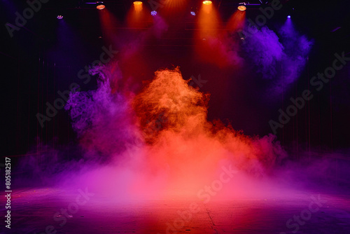 A stage bathed in neon orange smoke under a light lavender spotlight, creating a vibrant, lively atmosphere.