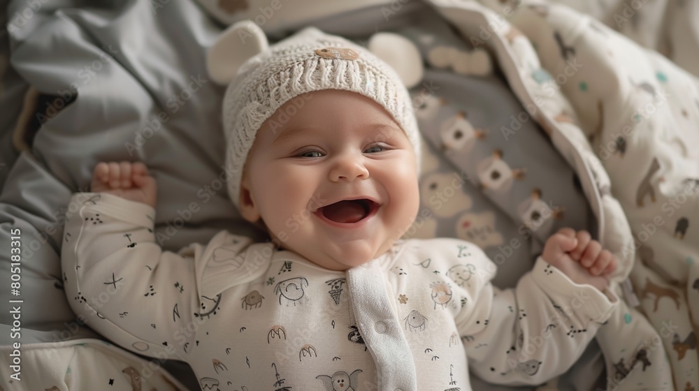 A baby is smiling and wearing a white hat A baby is smiling and wearing a white hat