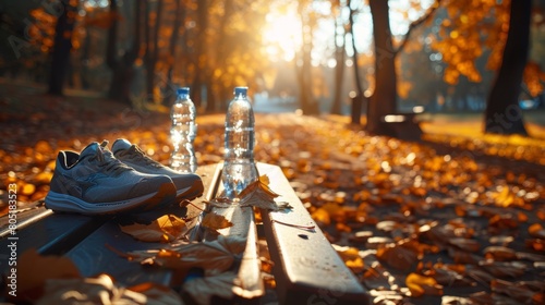 Running Shoes and Hydration Bottles Set on a Park Bench Bathed in Autumn Sunlight © lander