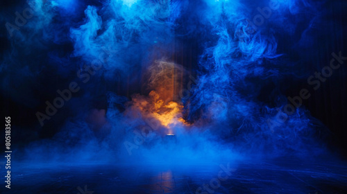 A stage enveloped in deep indigo smoke illuminated by a golden yellow spotlight  creating a mysterious  regal effect.