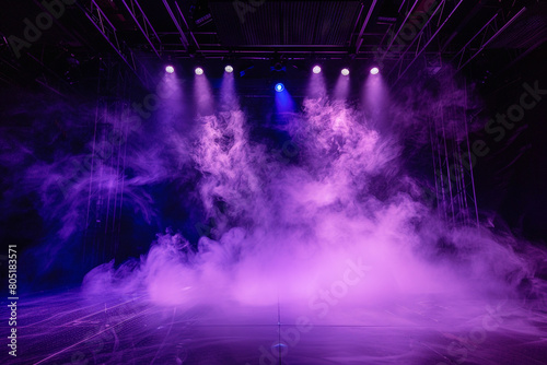 A stage enveloped in bright white smoke under a dark purple spotlight  offering a stark  minimalist aesthetic.