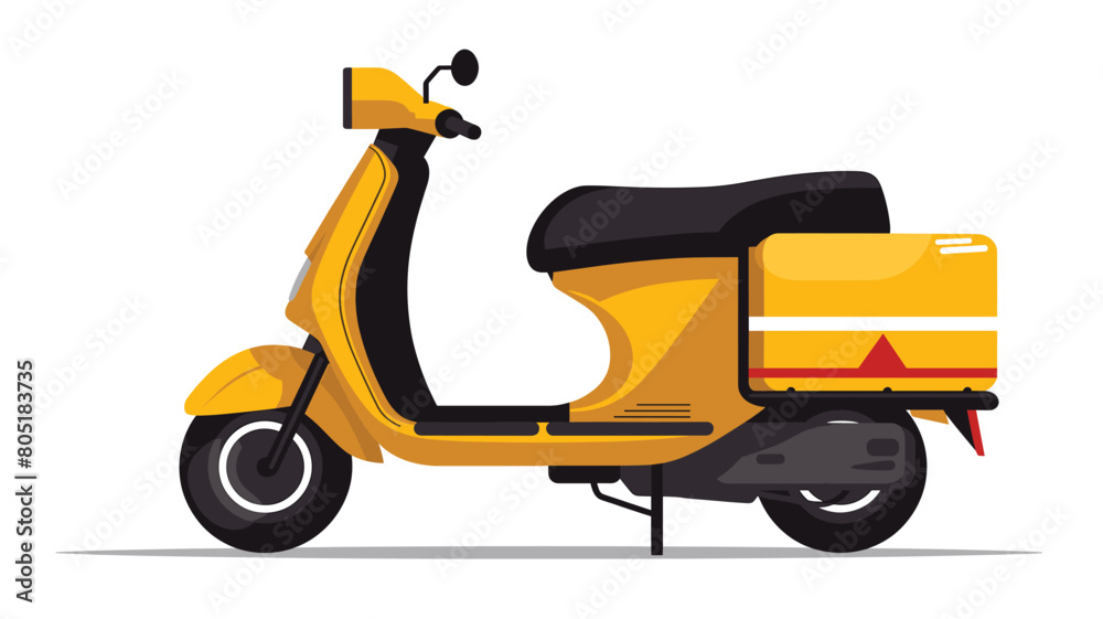 Bright yellow scooter side view isolated white background, scooter delivery transport, city vehicle illustration. Modern urban graphic, twowheeler storage box delivery service. Yellow motor vector