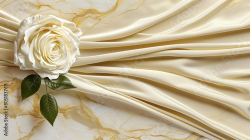   A white rose atop a white-and-gold cloth, draped in undulating waves of white fabric; a lone green leaf crowns it