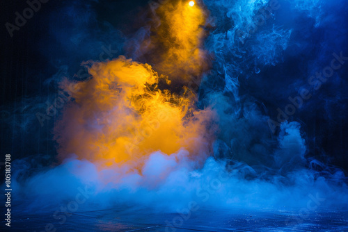 A stage enveloped in rich navy smoke under a golden yellow spotlight  casting a deep  mysterious glow.