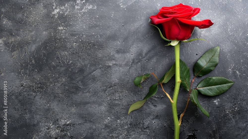 A solitary red rose atop a gray table Nearby, a green stem with leafy foliage Gray surface beneath A solitary red rose atop a gray table Nearby, a green stem with leafy foliage Gray surface beneath