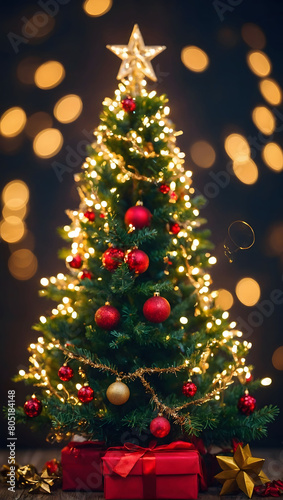 Yuletide Joy, Christmas Tree Adorning the Background, Ideal for Creating a Cheerful Christmas Banner. © xKas