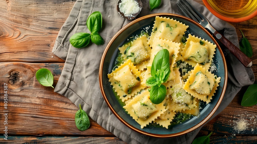 Mouthwatering Ravioli Spread: High-Angle Snapshot of Spinach & Ricotta Delight Mouthwatering Ravioli Spread: High-Angle Snapshot of Spinach & Ricotta Delight