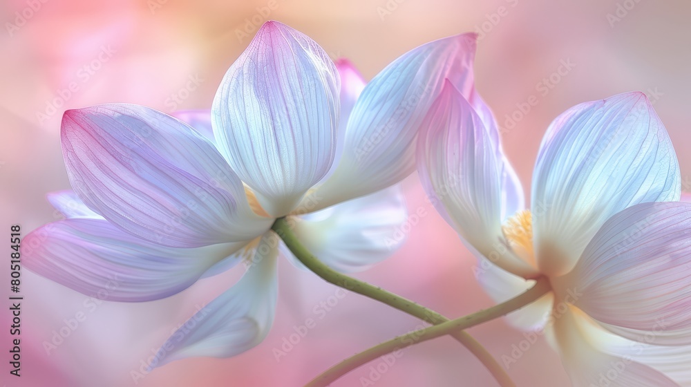   A tight shot of two white blooms against a pastel backdrop of pink and blue, with an out-of-focus background