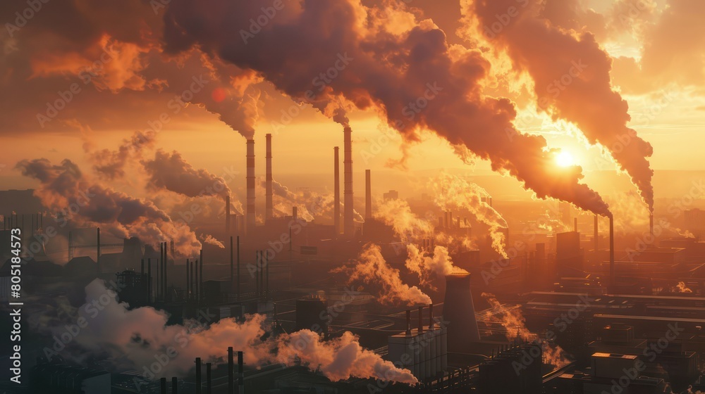 smoke billowing from a factory chimney at sunset, 