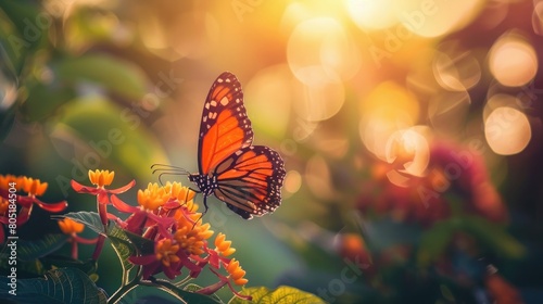 Orange butterfly on a flower with a sunlit bokeh background © Ammar
