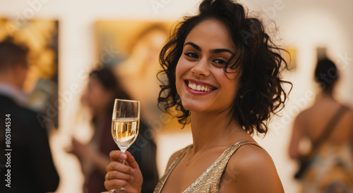 A beautiful woman smiling and holding a champagne glass at an art gallery opening, wearing a gold dress