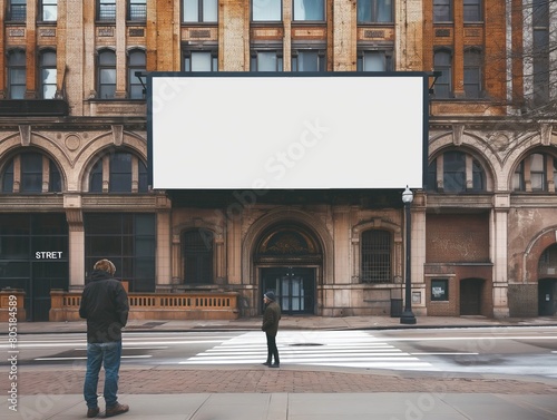Urban background with large blank billboard above a classic building facade as people walk by.