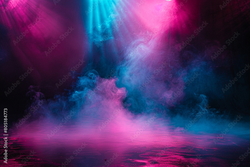 A stage shrouded in magenta smoke abstract background under a turquoise blue spotlight, providing a surreal, dreamy atmosphere against a black backdrop.