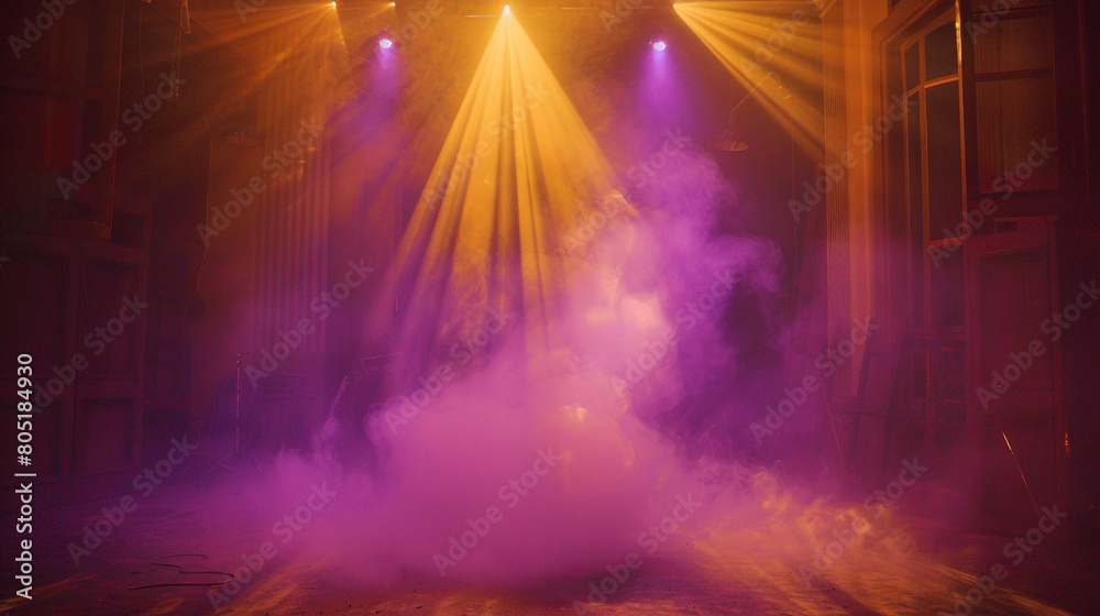 A stage with billowing bright lilac smoke illuminated by a golden amber spotlight, giving a soft, enchanting feel.