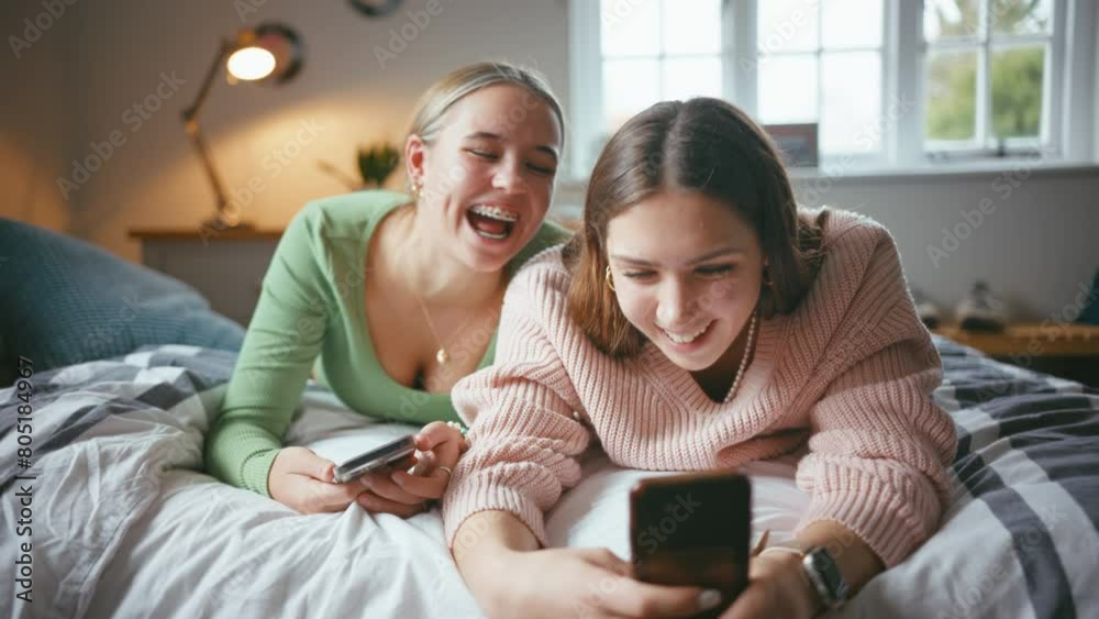 Close up shot of two teenage girls with one wearing orthodontic braces laughing and having fun looking at social media post or streaming online on mobile phone in bedroom at home - shot in slow motion