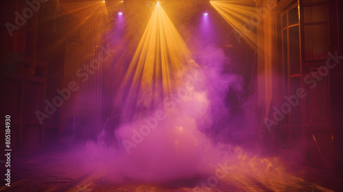A stage with billowing bright lilac smoke illuminated by a golden amber spotlight  giving a soft  enchanting feel.