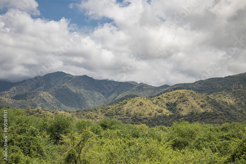 A breathtaking view of Omo Valley in Ethiopia showcases a vast, lush landscape. A winding dirt road meanders through the valley, drawing the eye to distant hills and mountains