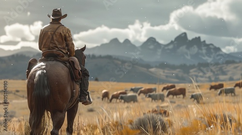 Outdoor rural scene of the view from behind of a cowboy wearing leather chaps sitting in the saddle on his horse that is watching the livestock herd, rear view