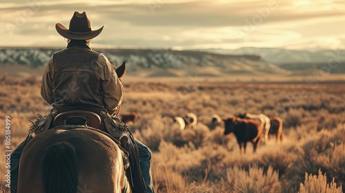 Outdoor rural scene of the view from behind of a cowboy wearing leather chaps sitting in the saddle on his horse that is watching the livestock herd, rear view photo