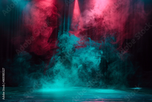 A stage with swirling aqua smoke abstract background illuminated by a ruby red spotlight, contrasting vividly against a black background.