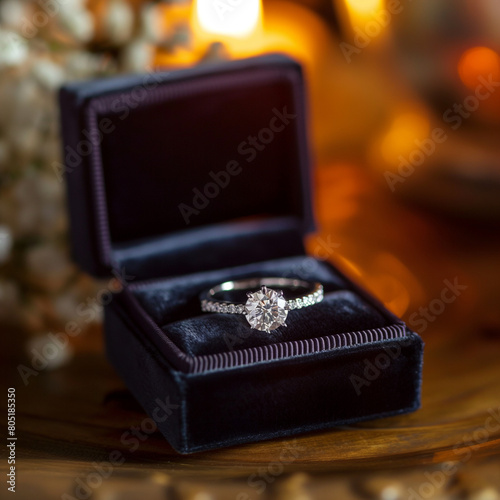 Elegant engagement ring in a classic velvet box with warm lighting © Blue_Utilities