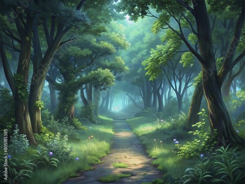 Beautiful summer landscape with road in the forest. Digital painting.